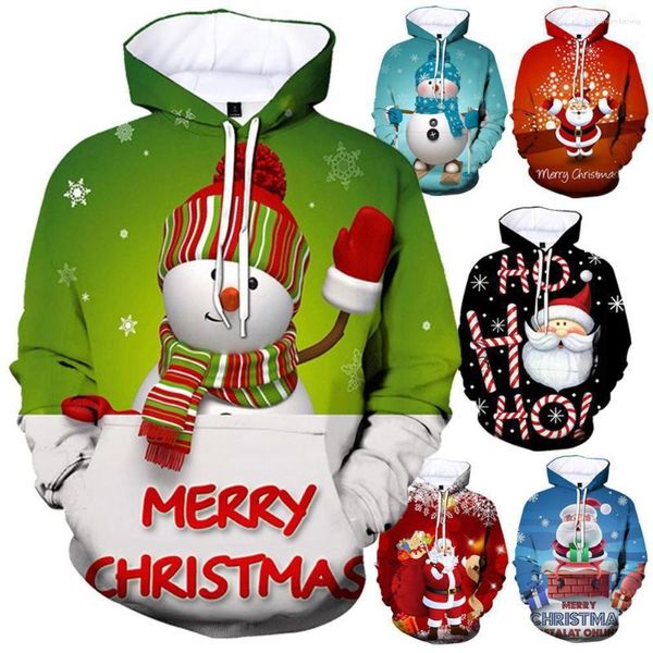 Erkek Hoodies Moda Noel 3D Baskılı Hoodie Erkekler ve Kızlar Uzun Kollu Kardan Adam/Noel Baba Günlük Spor Beach Street İnce Top