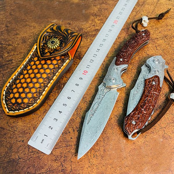 1pcs R1694 Flipper Folding Knife VG10 Damascus Steel Drop Point Blade Desert Ironwood Handle Ball Bearing Fast Open EDC Canivetes com Bainha de Couro