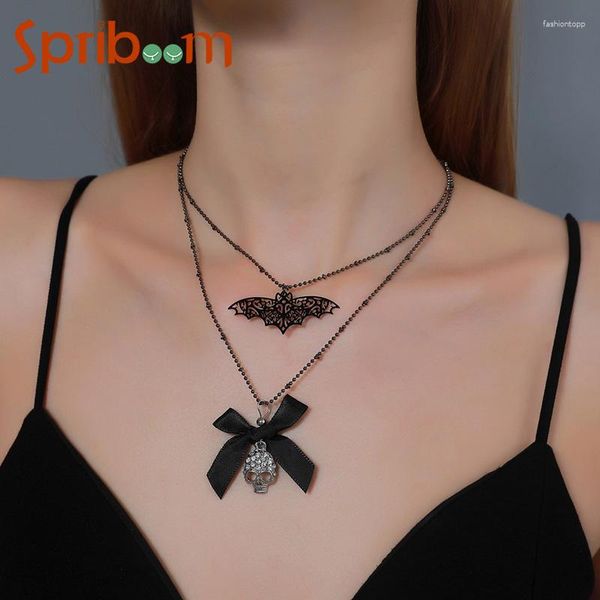 Anhänger Halsketten 2023 Halloween Halskette Schwarze Fledermaus Schädel Anhänger Persönlichkeit Frauen Gothic Schmuck Urlaub Party Cosplay Zubehör