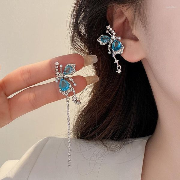 Atrás Brincos S925 Agulha de Prata Coreia do Sul Simples Borboleta Azul Assimétrico Sweet Girl Junior High End Ear Bone Clip Sem Furo