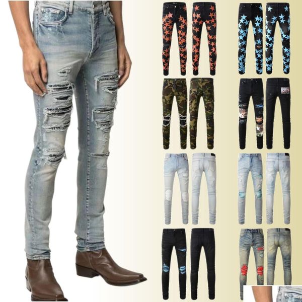 Jeans da uomo Uomo morto strappato skinny moda moto moto lungo fuori cotone piedi sottili High Street denim pasta azzurra buco di stoffa Dhjph