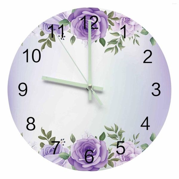 Duvar Saatleri Bahar Mor Suluboya Çiçekleri Aydınlık Pointer Saat Ev Süslemeleri Yuvarlak Sessiz Oturma Odası Ofis Dekoru