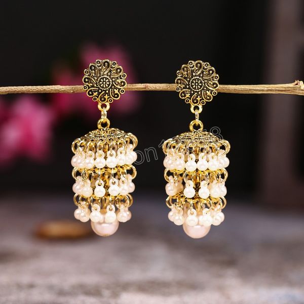 Brincos étnicos vintage com borla de pérola longa indiano Jhumka joias moda cor de ouro multicamada brinco exagerado para mulheres