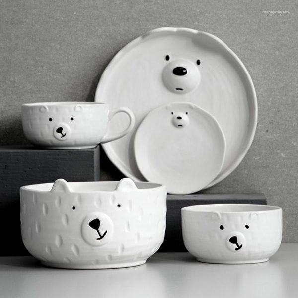 Ciotole Piatti in ceramica giapponese Simpatico cartone animato Orso polare Piatto bianco Stoviglie da cucina semplice Tazza da caffè Utensile piattino frutta