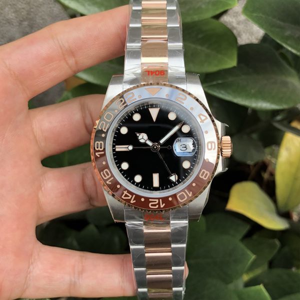 Tasarımcı Erkekler İzleme GMT Dairesel Kadran 40mm Lüminesan Safir Kristal Cam Katlanır Toka Paslanmaz Çelik 904L Otomatik İzle Montre De Luxe Kök Bira