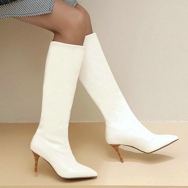 Botas de inverno sapatos femininos couro artificial bico fino bico fino 8 cm salto agulha branco preto