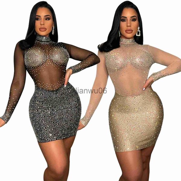 Основные повседневные платья Echoine Fashion Women Diamonds Diamonds Mesh Patchwork Longsleeve Bodycon Midi платье 2023 Осеннее сексуальные вечеринки вечерние платья Vestidos J2308009