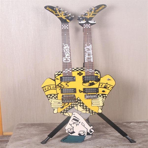 Promotion Cheap Trick's Rick Nielsen Uncle Dick Double Neck Yellow Electric Guitar White Pearl Inlay Kahler Bridge on the l311S