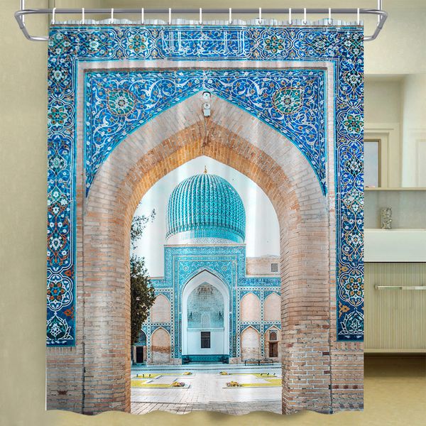 Держатели зубной щетки Марокканская занавеска для душа выдержанные ворота Геометрический рисунок дверной проход вход архитектурная ткань ткань декор ванной комнаты с крючками 230809
