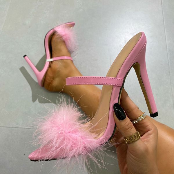 Design rosa soffice liyke piuma con tacchi alti pantofole femminile peep toe sandali estivi donne muli diapositive pompe sho 80a4
