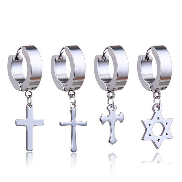 Dangle Kronleuchter Titanium Stahl Cross Star Drop gefälschte Punk-Ohrringe Männer hypoallergen nicht pierkender Clip auf Reifenohrringen DH8HG