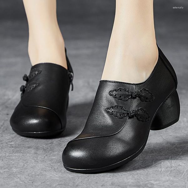 Отсуть туфли Birkuir Толстая каблука для женщин китайская пуговица роскошная подлинная кожаная zip черная рабочие насосы ретро четыре сезона дамы