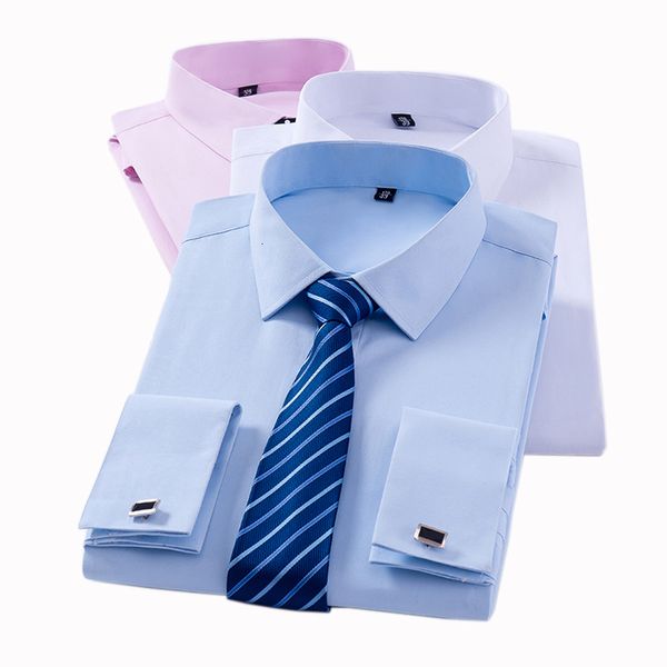 Camisas masculinas masculinas clássicas francesas com punho manga longa sem bolso smoking camisa masculina com abotoaduras festa formal casamento branco azul 230808