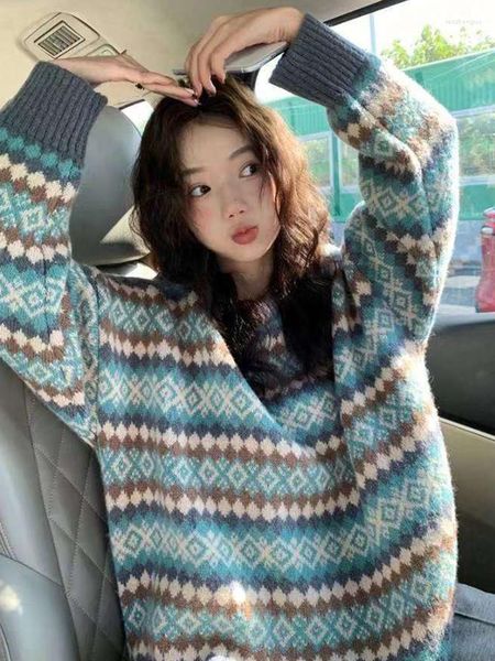 Kadın Sweaters Vintage Örme Süveter Kadın Kış Kore Moda Kawaii Jersey Jumper Triko Gevşek Uzun Pullover Üst Mavi Sıcak