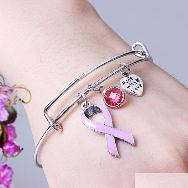 Braccialetti con ciondoli Nastro rosa da donna per la consapevolezza del cancro al seno femminile Bracciale allungabile con filo d'argento Regalo di gioielli per infermiera sopravvissuto Drop De Dhxpg