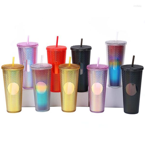 Waterflessen Diamond Radiant Cup Gradiëntkleur Grote capaciteit Bezaaid Transparant plastic Durian Tumbler met rietje Koffiemok