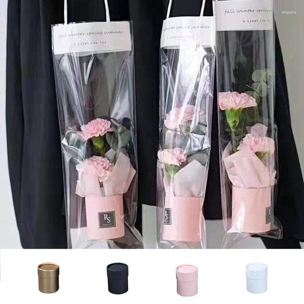 Embalagem para presente 1 peça portátil 7,5 x 6,5 cm caixa de flores de papel mini buquê cilíndrica balde redondo armazenamento PVC florista saco festa de casamento