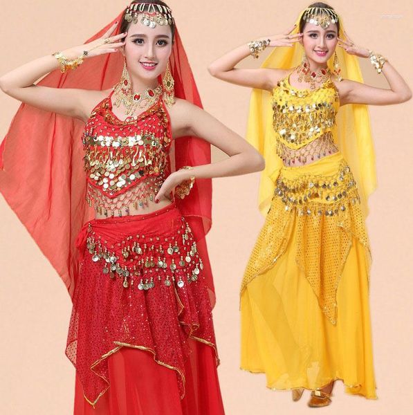 Traje de palco Conjunto de fantasias de dança do ventre Performance de dança do ventre Vestido cigano Roupas de dança Moeda Trajes de Bollywood