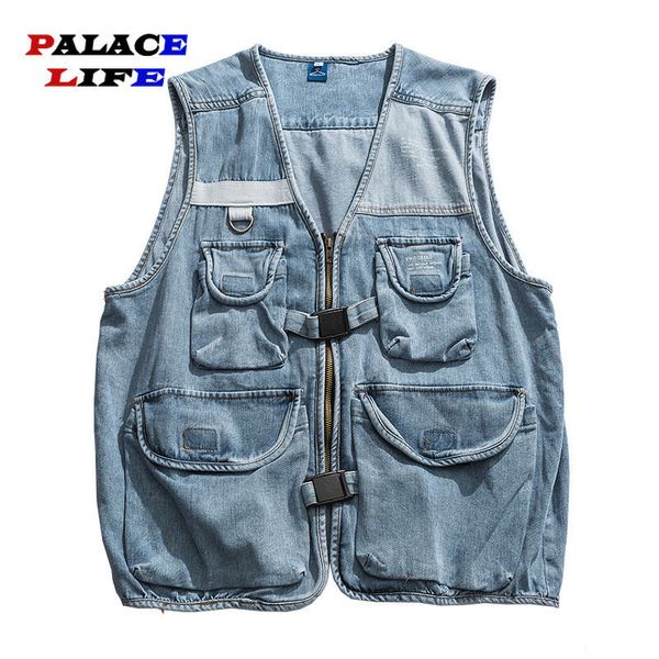 Coletes Masculinos Colete Jeans Vintage para Homens Com Vários Bolsos Ajustáveis Função Streetwear Colete de Verão Jaqueta Sem Mangas Casacos Biker 230809