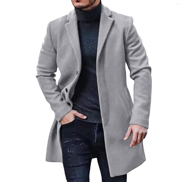 Мужские траншевые пальто осень зимняя мода с твердым цветом шерстяное пальто красивое лацкалолололочное покрытие с длинным рукавом с длинным рукавом