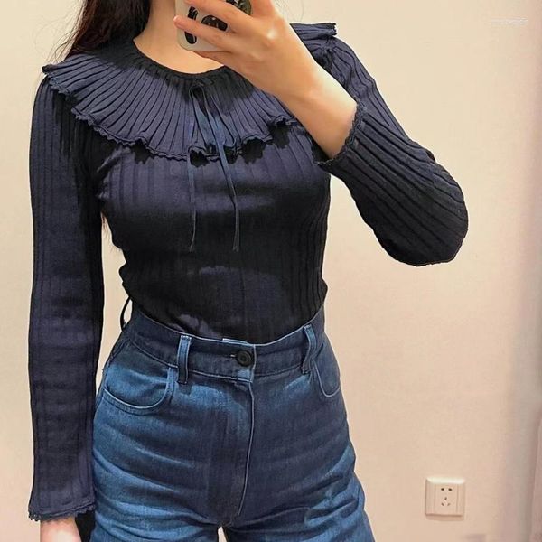 Blusas femininas outono 2023 de lã com babados finos mangas compridas camisa de malha inferior