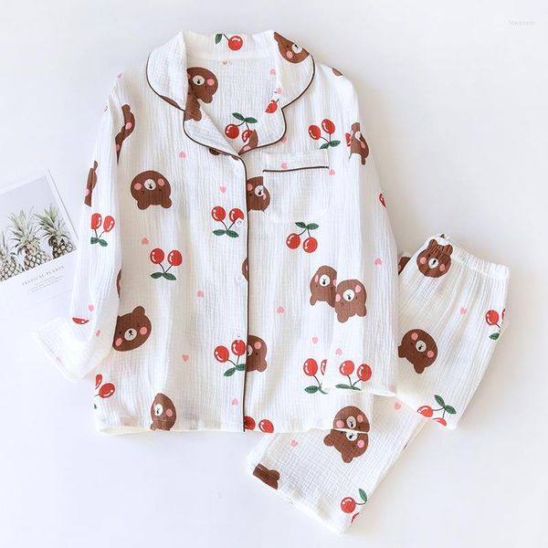 Roupa de dormir feminina Bear Cherry Crepe Pijama para mulheres soltas e confortáveis roupas para casa mangas compridas terno algodão respirável 2 peças