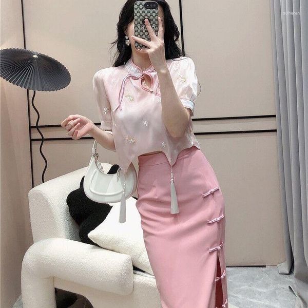 Roupas étnicas 2023 verão estilo chinês conjunto retrô disco oriental botão borla irregular top meia saia feminina duas peças qipao