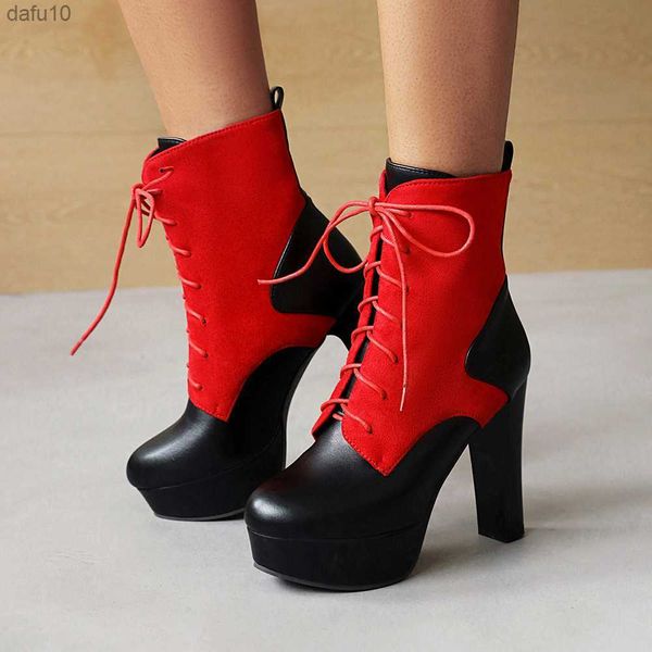 Botas femininas com costura flocada em PU com cadarço e salto grosso ultra-alto, plataforma à prova d'água, forro de pelúcia, sapatos street trend L230704