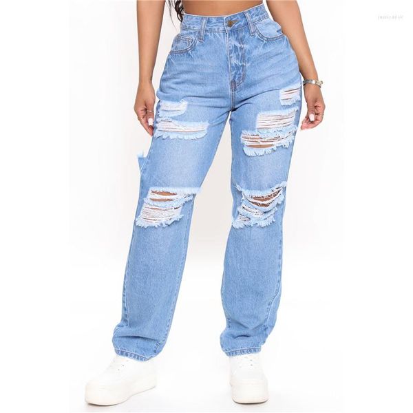 Jeans da donna estivi larghi a vita alta strappati pantaloni azzurri Pantalones De Mujer moda pantaloni larghi in denim casual pantaloni streetwear