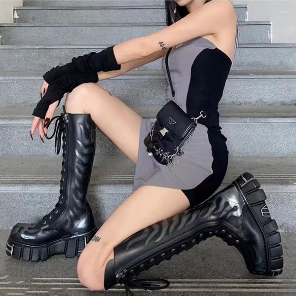 Stiefel Flamme Metall Dicke Sohlen Punk Ritter Frau Winter 2023 Front Schnür-Reißverschluss Runde Zehe Erhöhte Gothic Mode Schuhe