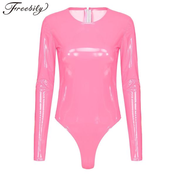 Macacão Macacão Feminino Sexy Feminino Neon Couro PU Bodycon Body Manga Longa Laranja Rosa Verde Macacão Com Glitter Streetwear Macacão Com Zíper Em Geral 230809