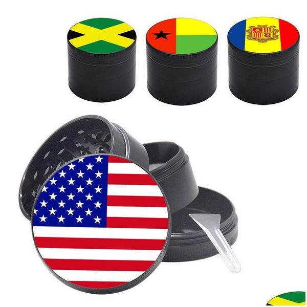 Outros acessórios para fumar Bandeiras Moedor de fumaça de ervas 50 mm Triturador de tabaco 4 camadas Liga de zinco Moedores mentais impressos com bandeira nacional Dhcac