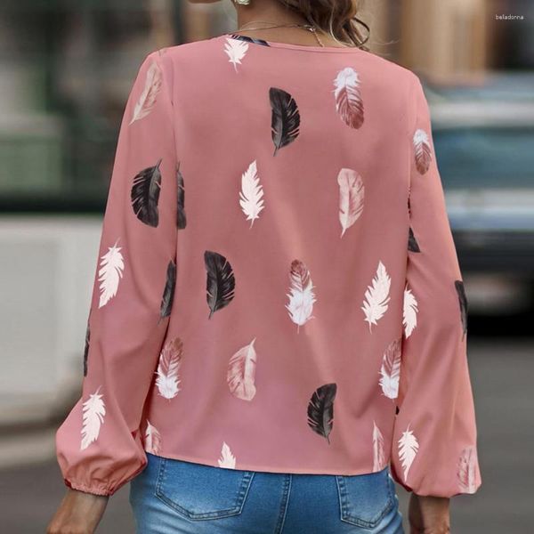 Camicette da donna Top da donna con stampa di piume T-shirt pullover aderente streetwear per la primavera autunno con scollo a V lanterna maniche lunghe da donna