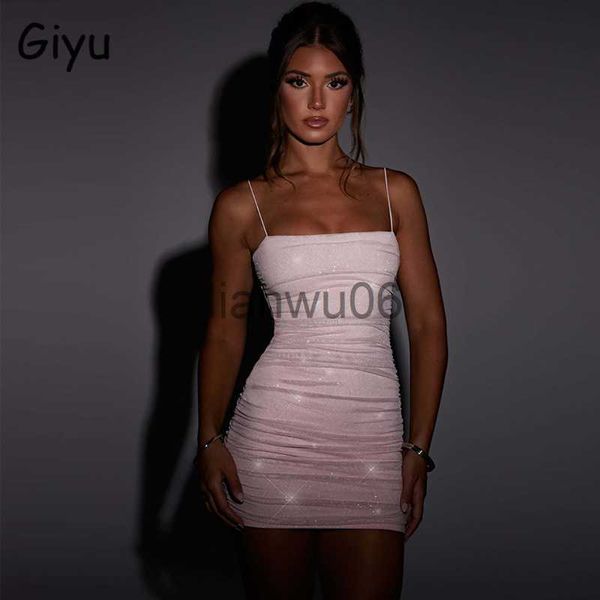 Abiti casual di base Giyu Sexy Night Club Party Dress Donna 2023 Summer Glitter Sparkle Mesh Mini Abiti corti Elegante Backless Bodycon Abito increspato J2308009