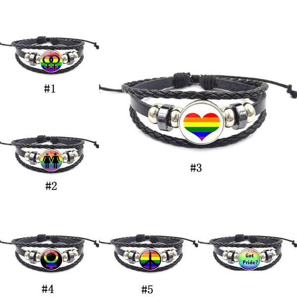 Charm Armbänder Homosexuell und Lesben Zeichen Armband 18 mm Ingwer Druckknopf Regenbogen Cabochons Glas geflochtenes Lederseil für Frauen Männer Juwel DHEIF