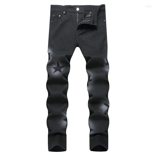 Мужские джинсы 2023 Мужские модные мода черная рука с брызги пентаграммы Слим прямые джинсовые штаны Хип-хоп Джин Хомм