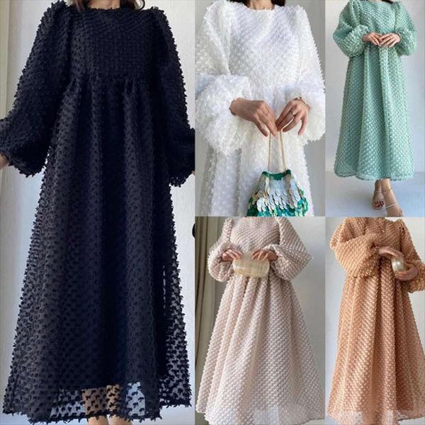 Abito da donna alla moda mediorientale colore puro colletto tondo maniche lanterna arabo elegante lungo