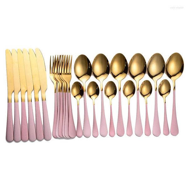 Geschirr-Sets, 24 Stück, Roségold, Edelstahl, Besteck, Gabel, Steakmesser, Abendessen, Löffel, Schwarz, Küche, Weißer Tropfen