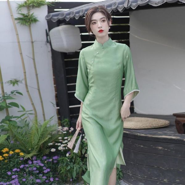 Roupas Étnicas Femininas Bege Verde Vintage Cheongsam Vestido de Manga Longa Magro Estilo Chinês Verão Elegante Qipao S a XXL