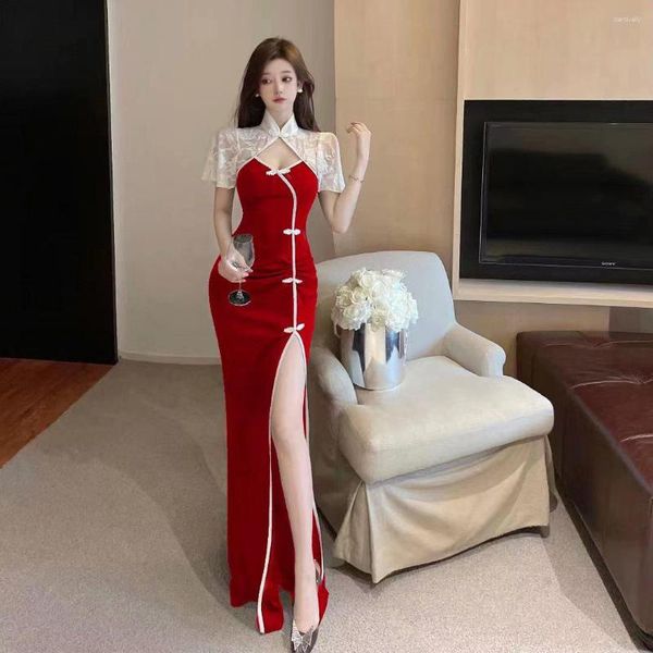 Abbigliamento etnico Stile cinese Cheongsam in pizzo retrò Donna Elegante Slim Qipao Nightclub Abito da sera da sposa sexy Abiti lunghi Vintage