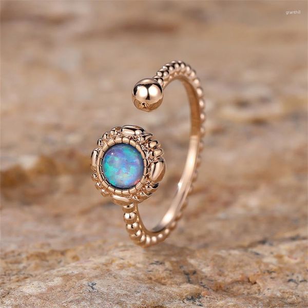 Fedi nuziali Anello in pietra rotonda con opale blu bianco Apertura color oro vintage per le donne Fasce di fidanzamento di moda semplice Gioielli Boho