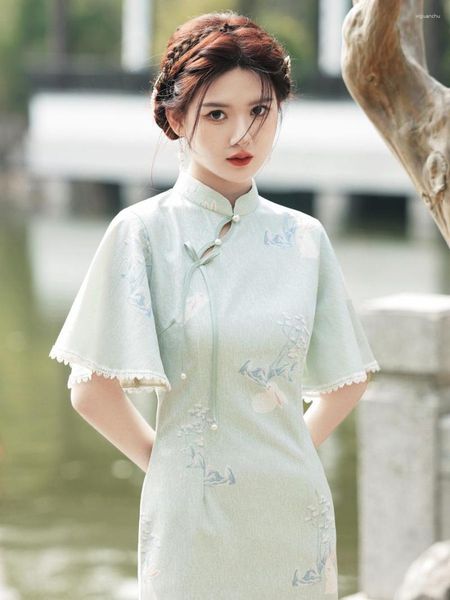 Abbigliamento etnico Donna 2023 Verde Vintage Cheongsam Bottone fatto a mano Abito lungo Slim Floral Summer Qipao Ruffle Sleeve S Alla XXL