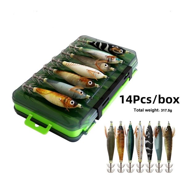 Köder lockt 14 Stück Box Tintenfisch Angelköder Holz Garnelen Jigs Leuchtender Oktopus 3D-Augen Tintenfisch Künstlicher Köder Zubehör Tackle Pesca 230809