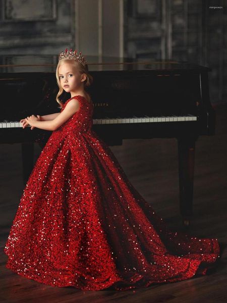 Mädchen Kleider Rot Glitzer Pailletten Prinzessin Kleid Lange Blume Hochzeit Party Niedlich Baby Geburtstag Kleid Weihnachtsgeschenk