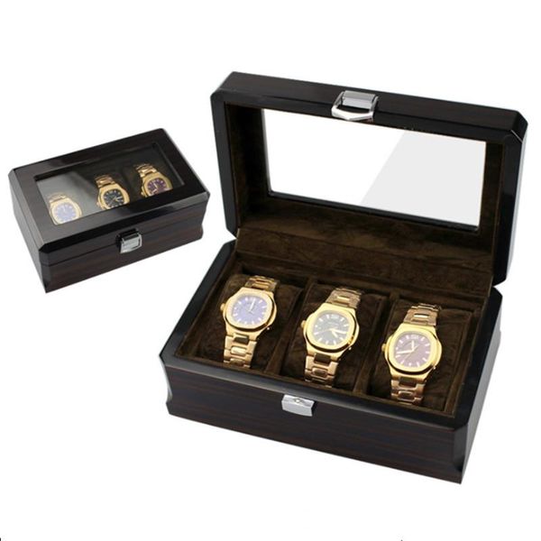 Caixas de relógios estojos caixa de madeira de luxo 3 slots suporte de madeira para homens e mulheres relógios organizadores grades organizadores relógio