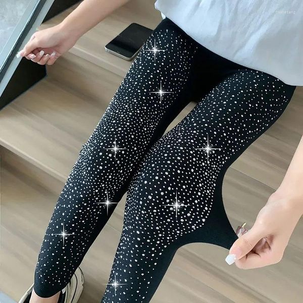 Legging Feminina Xpqbb Preto Stretch Strass Skinny Feminino Outono Inverno Calças de Veludo Grosso até o Tornozelo Tide Elasticit Legging Brilhante