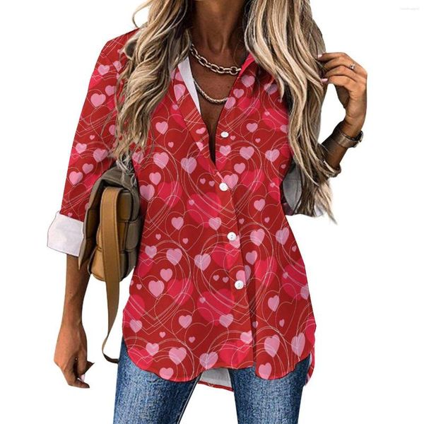 Camicette da donna San Valentino Cuori Camicetta casual Manica lunga Rosso e rosa Camicia oversize moda coreana da donna alla moda Regalo personalizzato