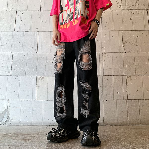 Мужские джинсы мода Руффиан Руфан Красивый разорванные на главной улице лето свободные распутные широкие брюки для нищих ног мужская одежда 230809