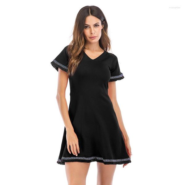 Casual Kleider Kleid Damen Frauen Mode Spitze Party V-Kragen Solide Crash Slim Hüfte Kurzarm Schwarz Spleißen Rot