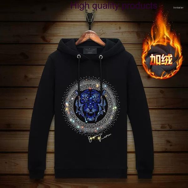 Erkek Hoodies Erkekler 2024 Tiger Rhinestones Moda Sokak Giyim Krop Kemeri Kalın Kapüşonlu Kapşonlu Hoodie Mens Kış Giysileri Ter Kapuche Homme